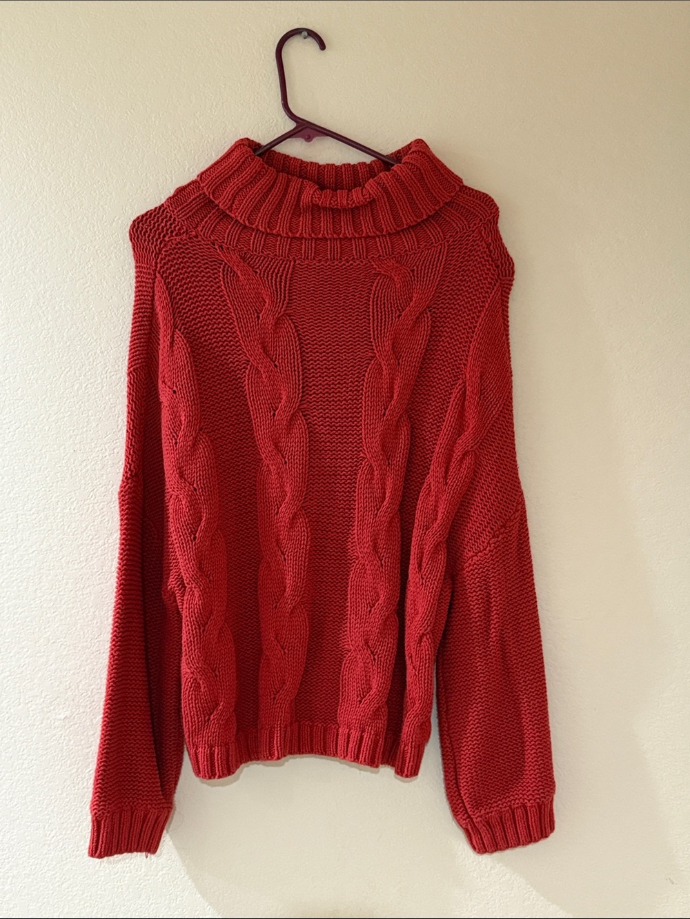 Red Cable Knit Turtleneck Sweater - Women